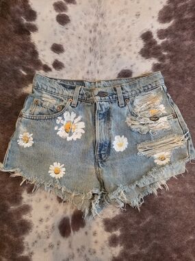 First of a Kind Levi’s 550 Daisy Denim Shorts Distressed Cutoff Upcycled Vintage